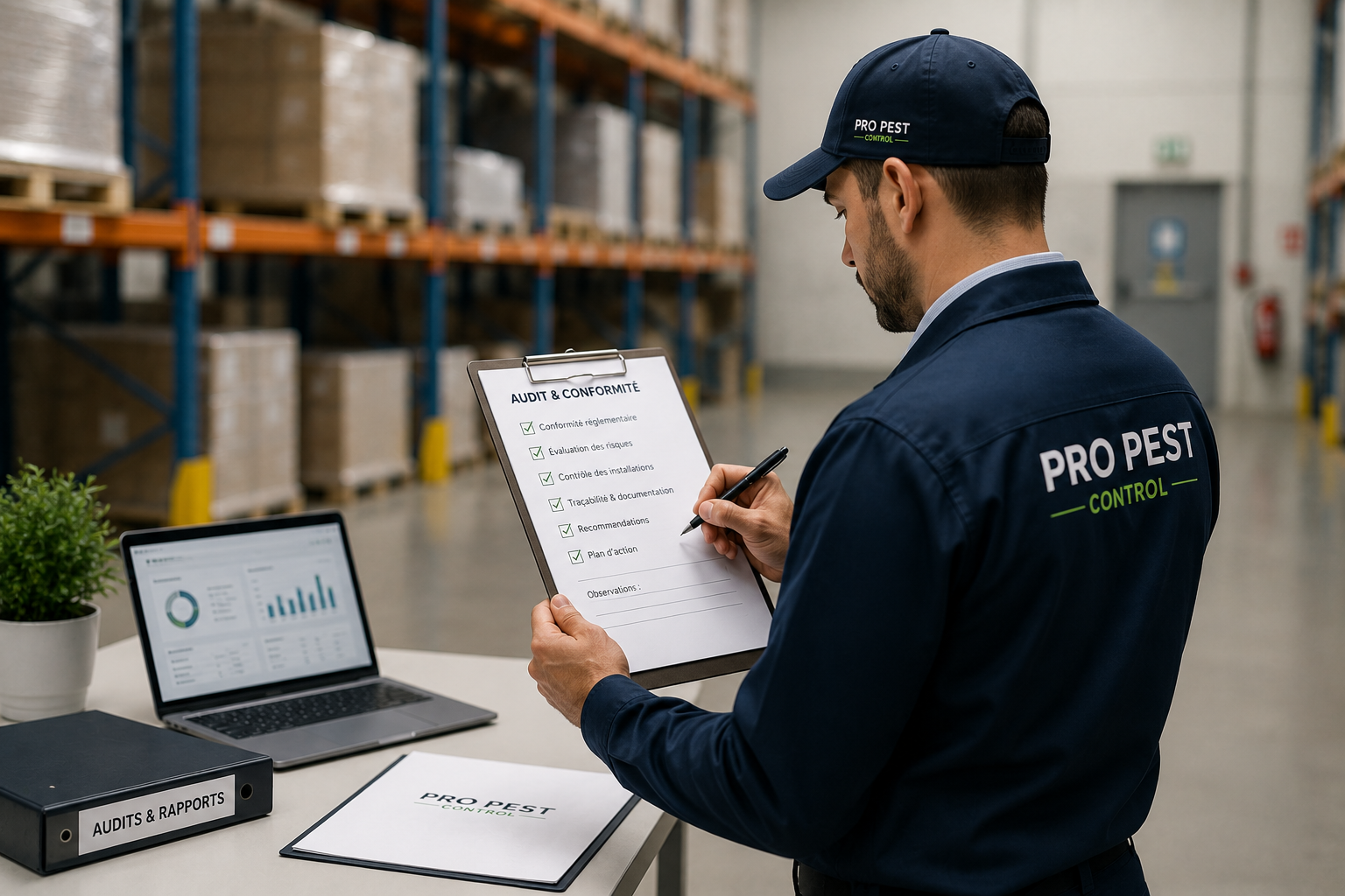 Agent Pro Pest Control réalisant un audit de conformité