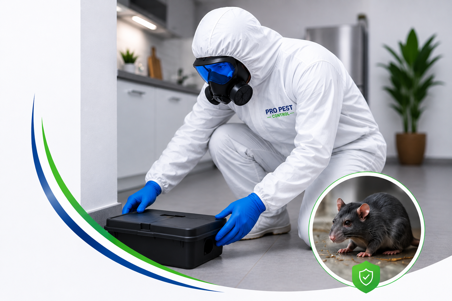 Technicien Pro Pest Control réalisant une dératisation