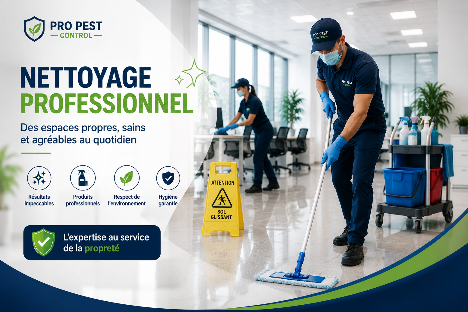 Agent Pro Pest Control effectuant un nettoyage professionnel